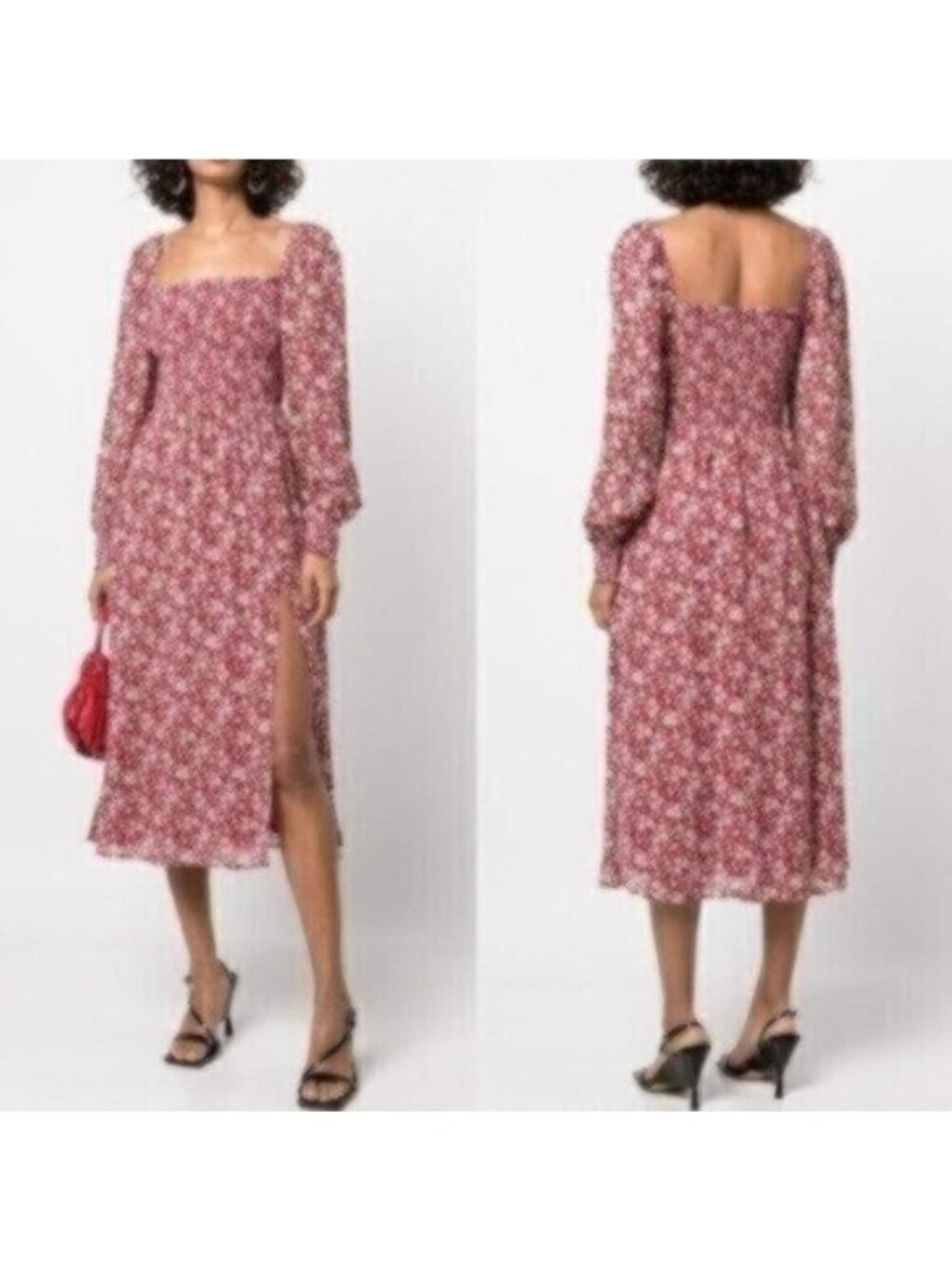 Reformation Cello Flower Girl Floral Print Red White Thigh Slit Midi Dress Sz XS